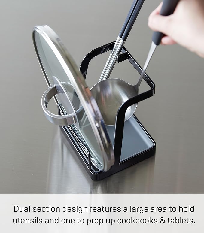 YAMAZAKI Home Tower Lid & Ladle Stand - Large, Kitchen Stand For Utensils, Lids, And Cookbooks, Heat-Resistant Kitchen Stand - Steel