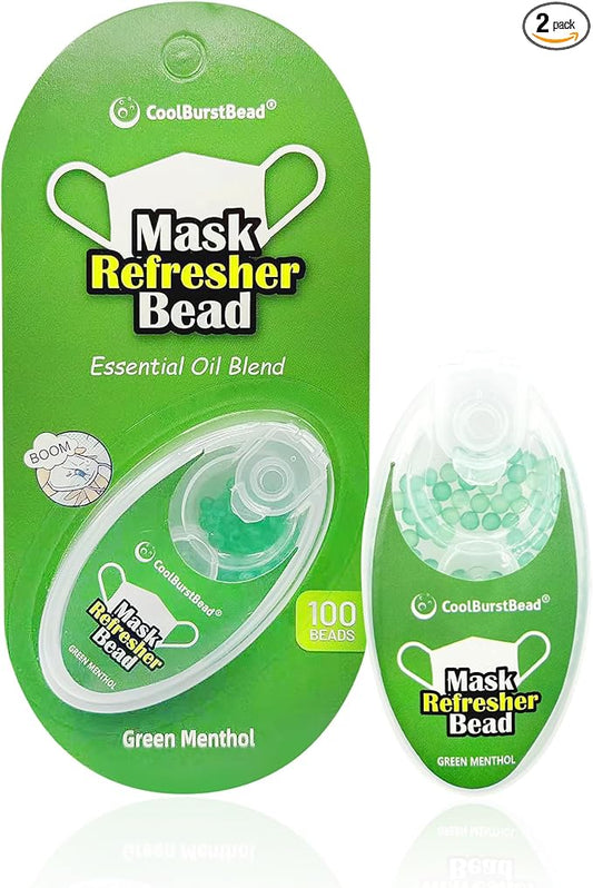 Menthol Beads for Face Mask Refresher, Long-Lasting & Strong Refreshing Fragrance, with Natural Essential Oils from Herbs and Plants (100 beads/pack), Pack of 2, Green Menthol