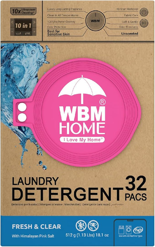 WBM Home Laundry Detergent Pods, 32 Count | Fresh & Clear Unscented | Laundry Pods 10x Ultrapower Cleaning With Color Protection and Eco-Friendly Packaging