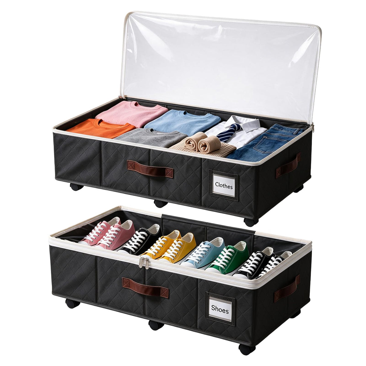 2 Pack Underbed Storage Boxes with Wheels, Black - Image 1