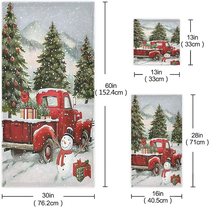 Pfrewn Snowman Red Truck Xmas Tree Towels Set of 3 Christmas Winter Bathroom Towel Soft Absorbent Bath Hand Towels Washcloth Guest Towel Sets Merry Christmas Xmas Bathroom Decor Gifts