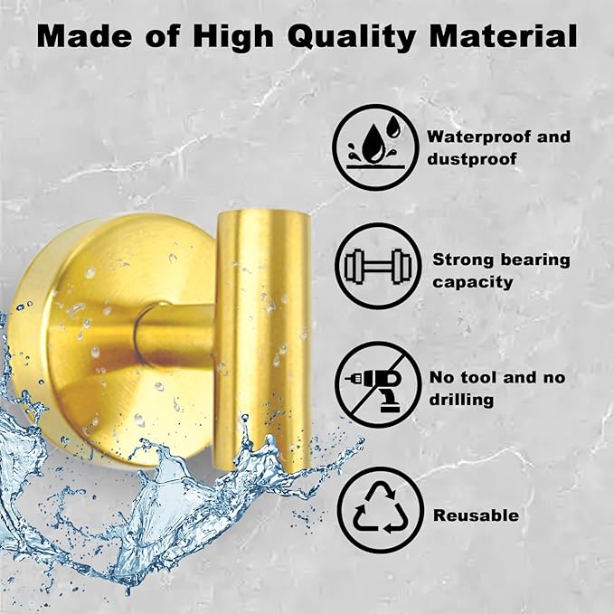 6 PCS Suction Cup Shower Towel Hooks, Wall Mount Robe Holder, Heavy Duty No Drill Wall SUS304 Waterproof Stainless Steel Hooks for Bedroom, Bathroom, Kitchen, Hotel and Office (Brushed Golden)
