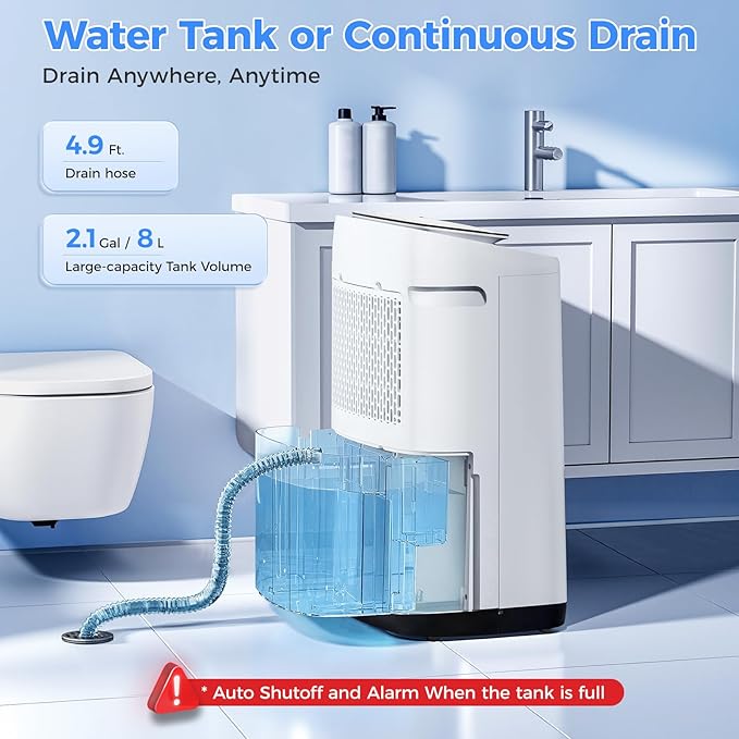 5000 Sq.Ft Dehumidifier for Basements 100 Pints, with 2.15 Gallons Water Tank with Darin House and App Control, Smart Compressor Quiet Operation Ideal for Living room, Bathrooms,Home