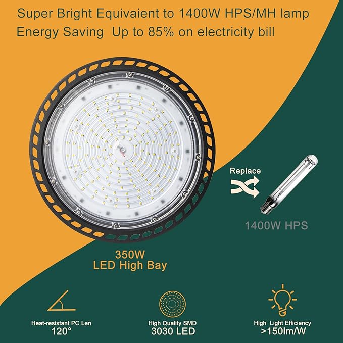 350W LED High Bay Light 5000K Daylight UFO Commercial Bay Light, AC100-277V 52500LM (1400W MH/HPS) High Bay LED Shop Lights, Plug and US Hook Included 𝟓𝐘𝐞𝐚𝐫𝐬 𝐖𝐚𝐫𝐫𝐚𝐧𝐭𝐲-6Pack