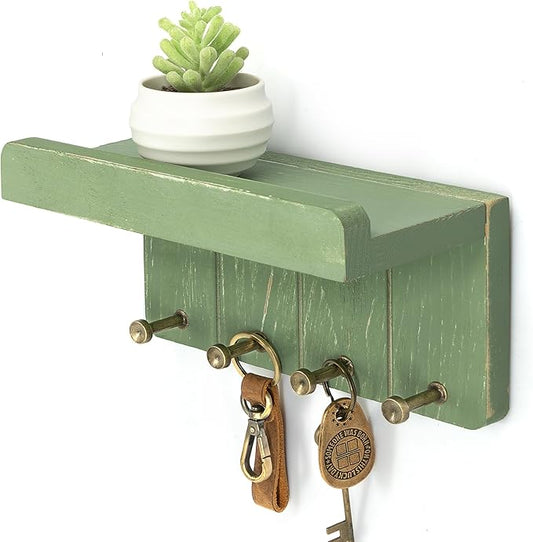 Rebee Vision Pine Wood Key Holder Wall Mount - Farmhouse Small Key Holder for Wall with 4 Hooks to Hang Watch or Tie - Rustic Home Decor for Home Essentials (Green)