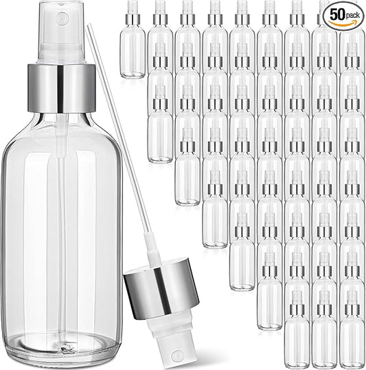 Maxcheck 50 Pieces 4oz Small Glass Spray Bottles for Essential Oil Empty Spray Mist Bottle Empty Fine Mist and Refillable Mister Refillable Liquid Containers for Perfumes, Cleaning(Clear, Silver)