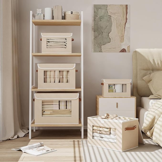 Foldable Storage Boxes with Lids, Linen Closet Organizers,10.2 x 7.8 x 6.7 Inch Storage Bins for Shelves with Handles, Beige, 3-Pack