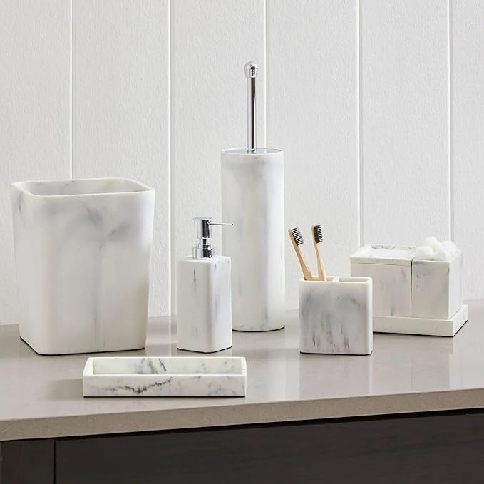 Faux Marble Toilet Brush and Holder, White, Bathroom Cleaning Brush, Toilet Bowl Brush Set, Plastic & Steel Toilet Brush for Bathroom