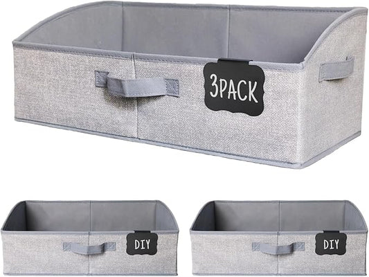 Closet Organizers and Storage Bins with Labels Clip, Large Trapezoid Storage Baskets for Shelves, 28L Foldable Fabric Clothing Organizer for Blankets, Towels and Toys, Grey, 3-Pack