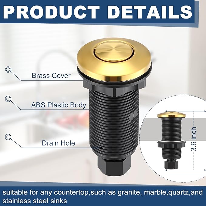 Garbage Disposal Air Switch Kit Wireless Sink Top Garbage Disposal Button Stainless Steel/On/Off Waterproof Button Kit with Long Switch Matte UL Listed(Dual Outlet,Gold,Long Size)