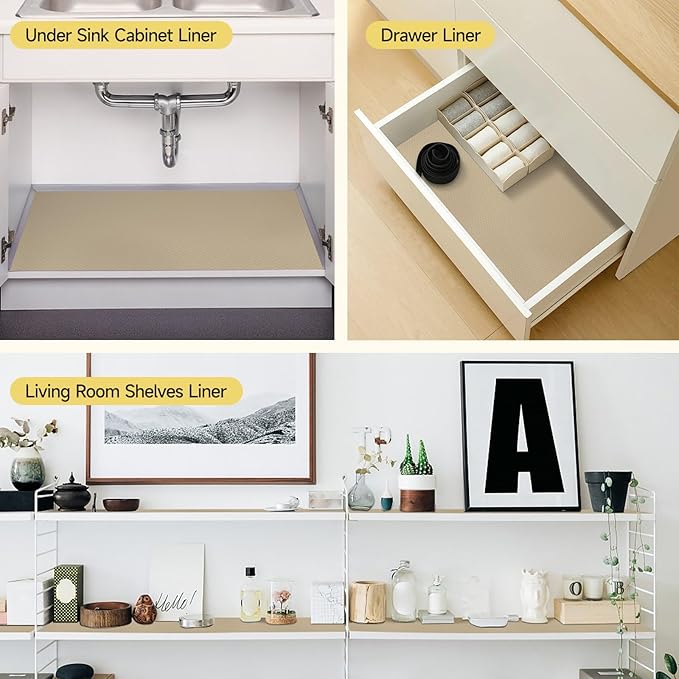 WochiTV Adhesive Shelf Liner 23.6 X 120 Inches Peel and Stick Kitchen Liner for Cabinets, Drawers Removable Protector Mat Waterproof Contact Covering for Dresser Pantry Countertops Shelves, Khaki