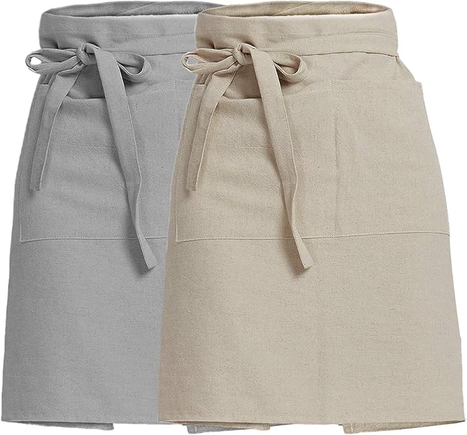Cityelf Linen Server Apron Cotton Bistro Half Apron with Large Pockets Waist Kitchen Apron for Cooking Waitress