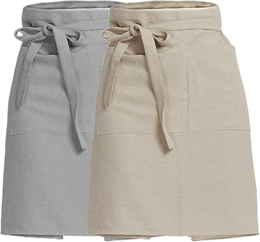 Cityelf Linen Server Apron Cotton Bistro Half Apron with Large Pockets Waist Kitchen Apron for Cooking Waitress