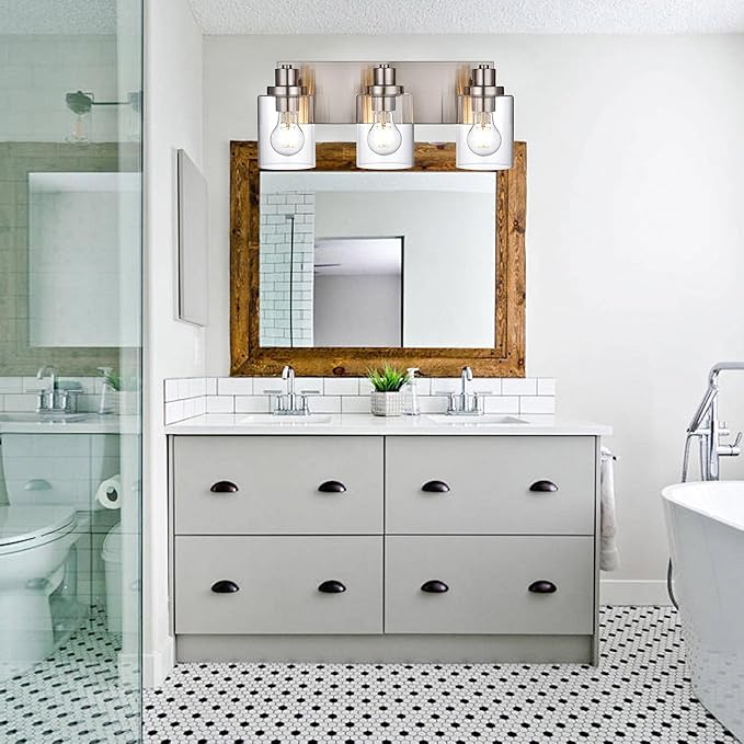 3 Light Bathroom Vanity Light - Brushed Nickel, Modern Farmhouse Style with Clear Glass Shade, Over Mirror Lighting Fixture