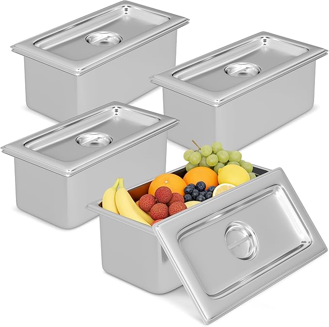4 Pack Hotel Pans with Lids 1/3 Size 6" Deep, Stainless Steel Steam Table Pan with Lid, Commercial Metal Buffet Food Storage Container, Anti-Jam Design, for Restaurant, Kitchen, Party, Home