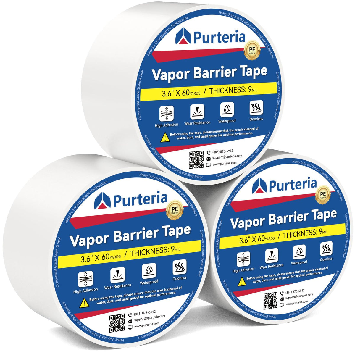 Vapor Barrier Tape, 9 Mil 3.6"x180', 3 Roll - Image 1