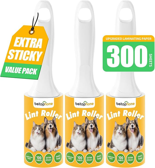 Lint Roller 3 Pack for Pet Hair & Clothes, Portable Sticky Lint Rollers with Ergonomic Handle, Extra Sticky Pet Hair Remover for Couch, Car, Furniture & Travel