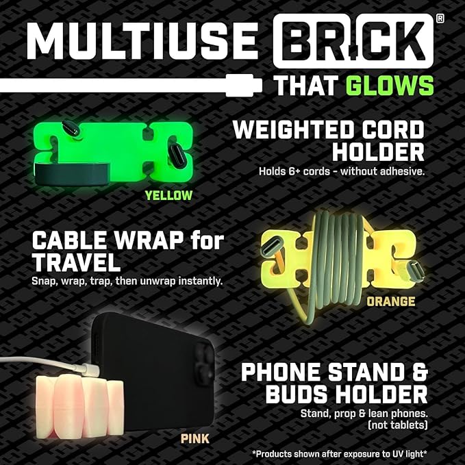 GlowBrick Stocking Stuffers for Adults Cord Management Weighted Cord Holder Cable Wrap Phone Stand - Glow-in-The-Dark Gadget Organizer for Nightstand. Gift for Men, Silicone. Glowing Green
