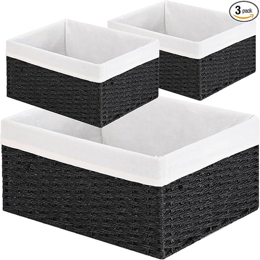 Vagusicc Storage Basket, 3-Pack Woven Paper Rope Wicker Baskets for Storage with Handles, 15 Inches Large Cube Storage Bins Woven Storage Baskets with Liners for Shelves Organizing & Decor, Black