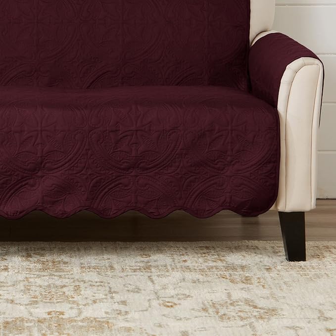 Great Bay Home Reversible Loveseat Cover - Washable Slipcover Furniture Protector with Elastic Straps - Couch Cover for Dogs, Kids, and Pets - Quilted & Stitched Detail (Loveseat, Wine/Light Grey)