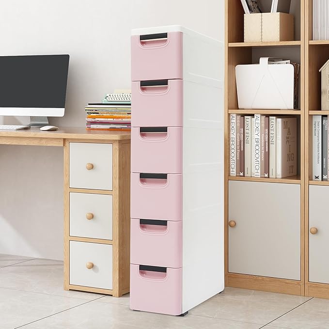 6 Drawers Storage Cabinet, Narrow Plastic Dresser, Rolling Organizer Cart, Mobile Slim Utility Cart on Wheels, Storage Drawer for Small Spaces (Light Pink)