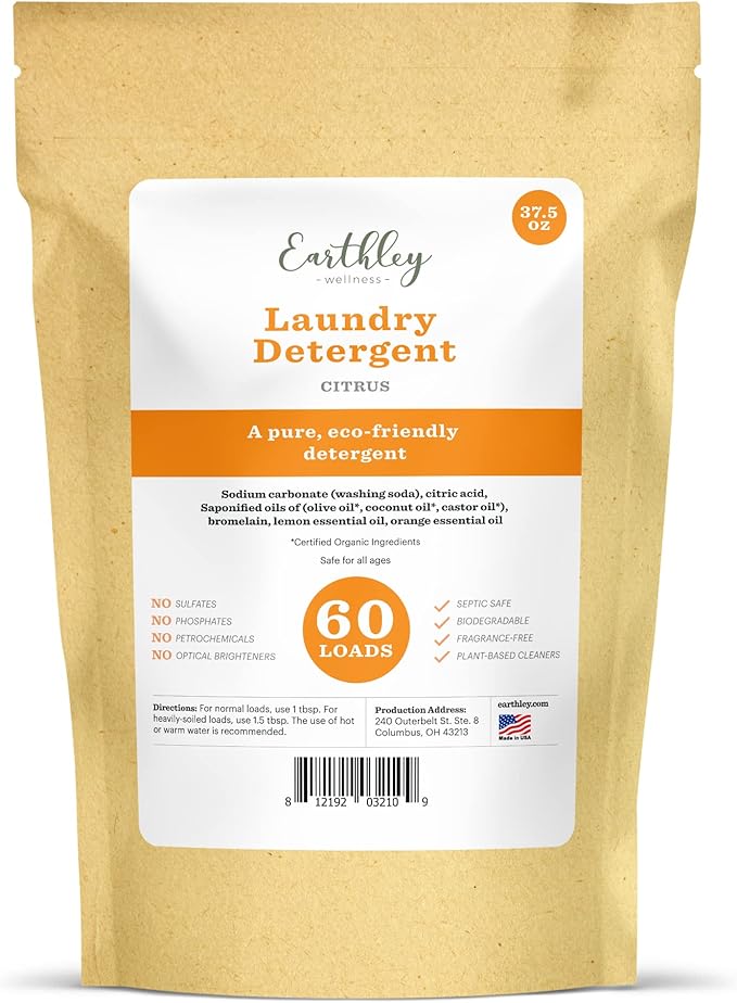 Earthley Wellness Laundry Detergent, Natural, Gentle & Effective for Sensitive Skin, Safe for Baby Clothes & Cloth Diapers, Biodegradable, Eco-Friendly, Plant-Based Cleaners (60 Loads, Citrus)
