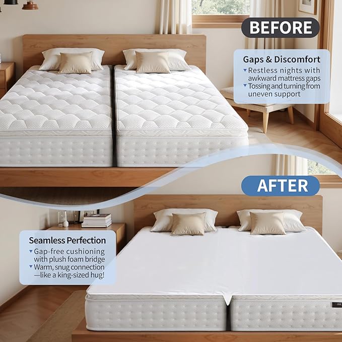 Upgrade 3-in-1 Bed Bridge, Twin to King Bed Converter with Sheet Strap Set, Split King Gap Filler, Removable