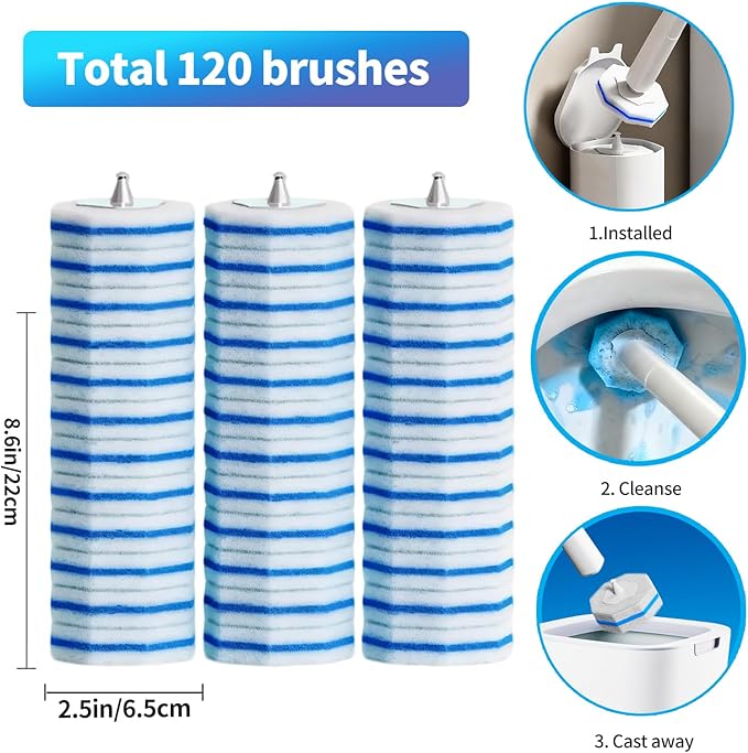 120pcs Bulk Pack of Disposable Toilet Brush Heads，Toilet Wand Refills for Toilet Bowl Brush Cleaner Pads,Toilet Brush Replacement Compatible Heads with Most Toilet Brushes