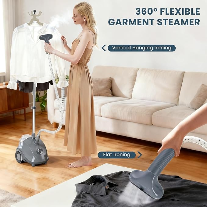 DUMOS Garment Steamer for Clothes Standing, 1500W Efficient Clothes Steamer Standing, 1.7L Water Tank for 55 Min Continuous Steaming with Wheels, Professional Fast Heating Wrinkle Remover, Grey