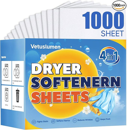 Veuslumen 1000 Count Dryer Sheets, Mega Pack Fabric Softener Sheets with Essential Oils | Fights Static, Softens Fabrics, Reduces Wrinkles | For Long-Lasting Fresh Scent Laundry