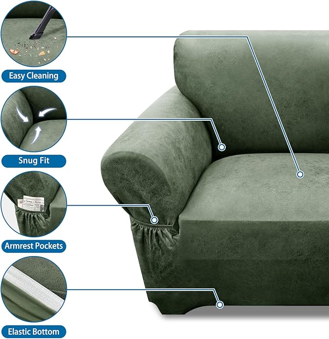 Single Sofa Cover Leather Look Chair Covers for Living Room 1-Piece Sofa Chair Covers with Arms Stretch Furniture Protector with Elastic Bottom & Pockets(Armchair, Army Green)