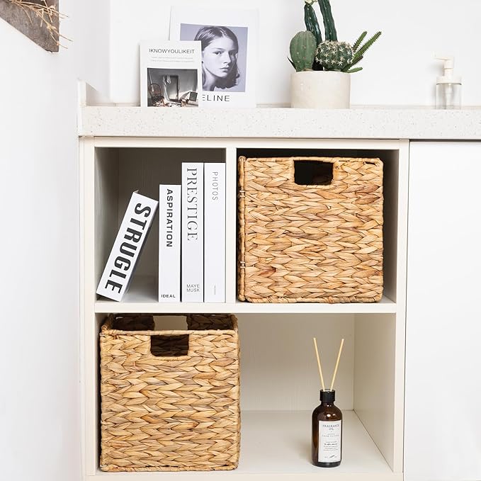 Wicker Storage Cubes, Water Hyacinth Storage Baskets with Handles & Liners, Natural Foldable Square Storage Baskets for Shelves, Wardrobes 10.3x10.3x10.7 Inch, Set of 2