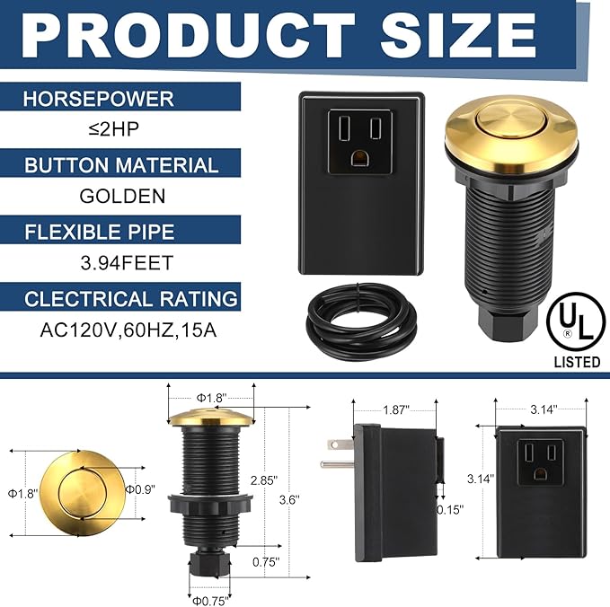 Garbage Disposal Air Switch Kit Wireless Sink Top Garbage Disposal Button Stainless Steel/On/Off Waterproof Button Kit with Long Switch Matte UL Listed(Single Outlet,Gold,Short Size)