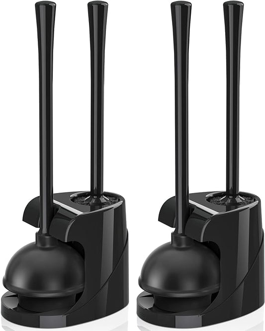 Toilet Plunger and Brush, Bowl Brush and Heavy Duty Toilet Plunger Set with Ventilated Holder, 2-in-1 Bathroom Cleaning Combo with Modern Caddy Stand for 5.7-inch Toilet Drain(Black, 2 Set)