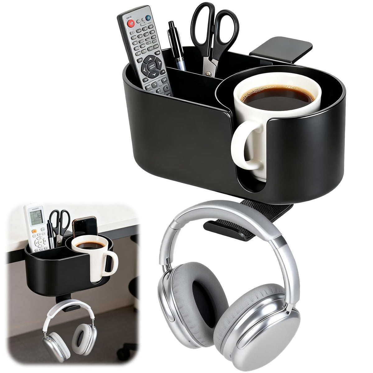 4 in 1 Desk Cup Holder Clamp on Under Desk Headphone Hook - Image 1