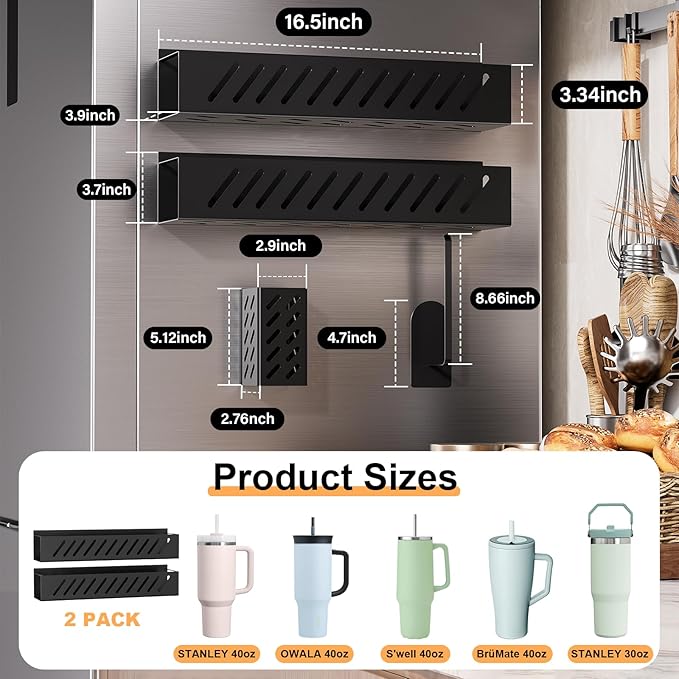2-Pack Magnetic Stanley Cup Holder with Tumbler Lid & Straw Organizer for Full Stanley 30/40 oz Tumblers - Stores Bottle, Lid & Straw on Fridge/Iron - Removable