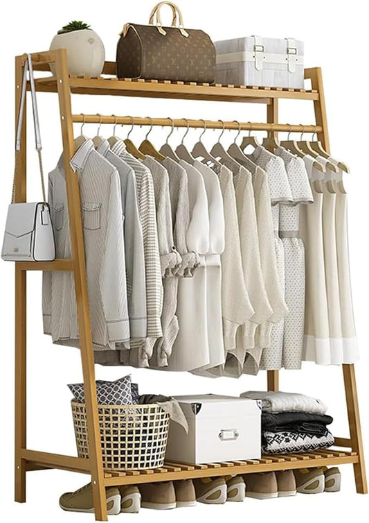 Bamboo Clothing Garment Rack 2 Tier Storage Shelf Coat Clothes Hanging Rack, Portable Wardrobe Closet Organizer With Top Shelf, Shoe Storage Shelves for Bedroom (Natural - 39.37 in)