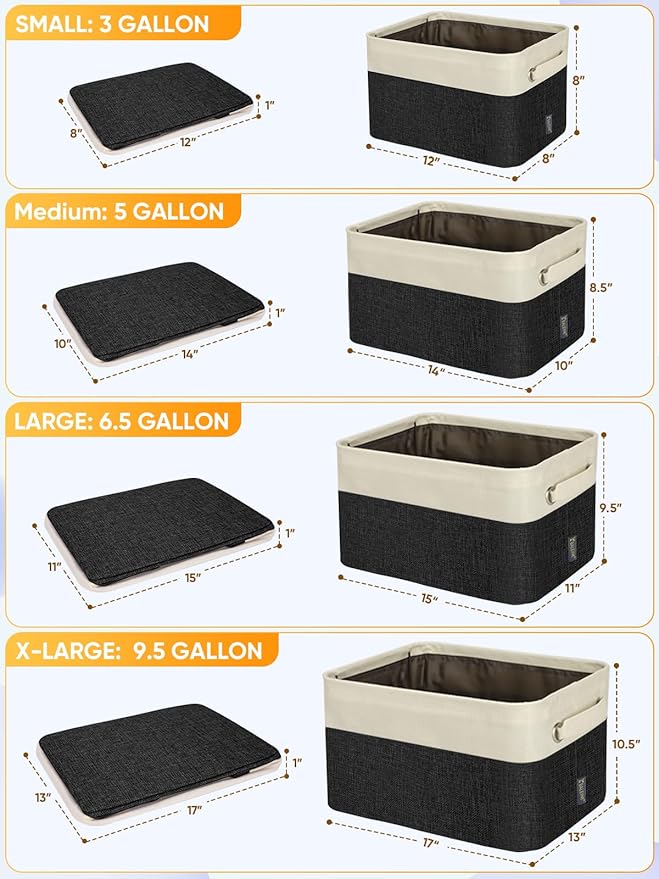 BALEINE 3 Pack Fabric Closet Storage Bins for Shelves, Linen Closet Organizers and Storage, Decorative Baskets for Organizing, Shelf, Clothes, Home, Office (Black, 12"x8"x8")