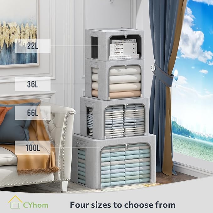 CYhom Clothes Storage Bins Box - Linen Fabric Foldable Stackable Container Organizer Set with Clear Window & Carry Handles & Metal Frame (Light Grey, Medium-36L)
