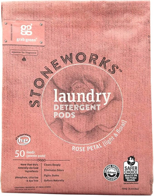 Grab Green Stoneworks Laundry Detergent Pods, 50 Count, Rose Petal Scent, Plant and Mineral Based, Cleans Deeply, Eliminates Odors, Fights Stains, Softens Naturally, Packaging May Vary