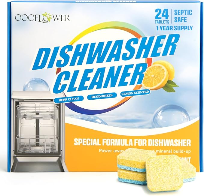 Broom and Dustpan Combo Set (Pink Gray)+24-Count Dishwasher Cleaner Tablets, Deep Cleaning and Descaling Formula, Removes Odors, Scale, and Hard Water Residue, Maintains Dishwasher