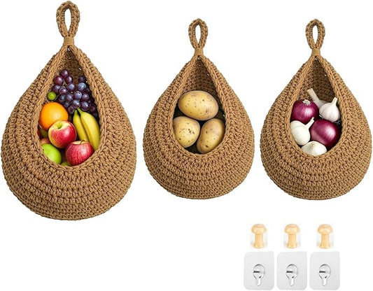 Hanging Fruit Baskets for Kitchen, 3 Pack Boho Cotton Rope Handwoven Vegetable Storage Wall Mounted Large Organizing Basket for Farmhouse Decor, Onion, Potato, Garlic and Plants (Caramel)