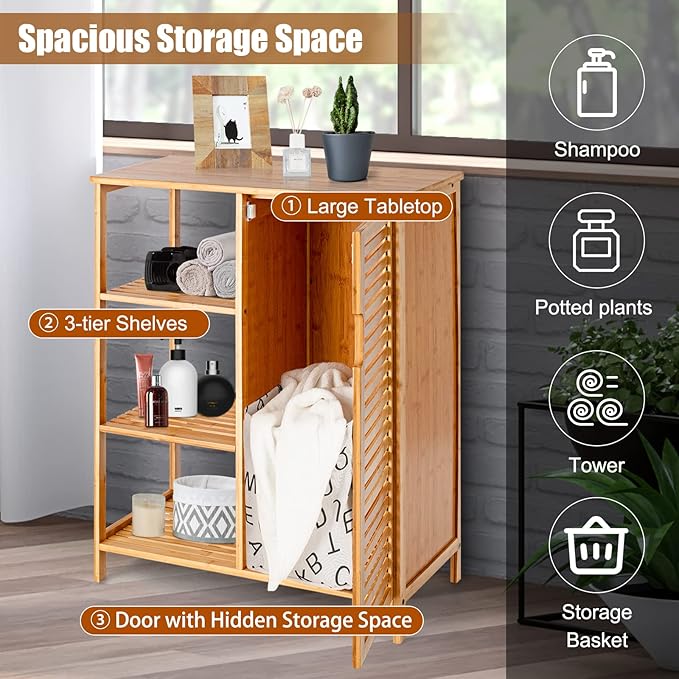 Tangkula Bamboo Bathroom Floor Cabinet, Storage Cabinet with Shutter Door and 3 Tier Shelves, Freestanding Bathroom Cabinet for Living Room Kitchen Hallway, Natural