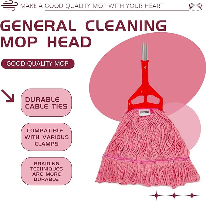 Commercial Cotton Mop Heavy-Duty Industrial with 2 Replacement Heads 152 cm Handle Replacement mop Head (Pink)