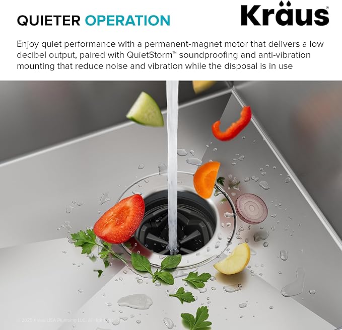 KRAUS WasteGuard 1/3 HP Continuous Feed Garbage Disposal with Ultra-Quiet Motor for Kitchen Sink with Power Cord and Flange Included, KWD201-33MCG