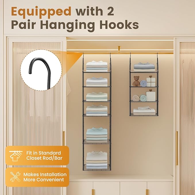 2 Pack Hanging Closet Organizer, 5 Tier Stackable Closet Organizer Foldable Closet Organizers and Storage Hanging Shelves with Hanging Hooks for Closet Clothing Sweaters Pants Shoes Handbags