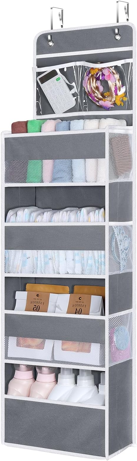 Univivi Over The Door Organizer, 5 Shelf Door Hanging Organizer Nursery Door Storage with 4 Large Compartments and 2 Small PVC Pockets 6 Side Pockets for Bathroom,Cosmetics and Nursery Baby Essential