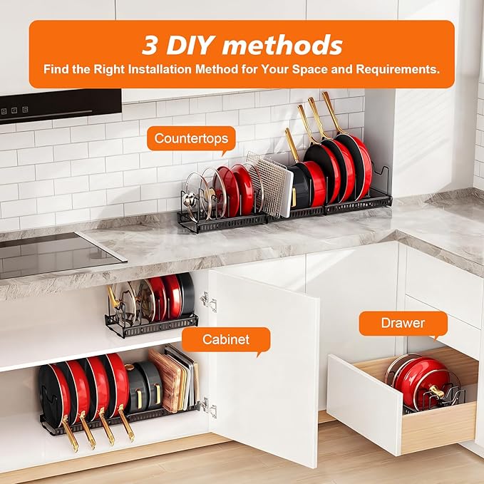 Under Cabinet Pot and Pan Organizer - Expandable (11.8"-22.8") Kitchen Cabinet Storage Rack with 13 Adjustable Dividers for Lids, Cutting Boards & Baking Sheets - Tool-Free Assembly, Black