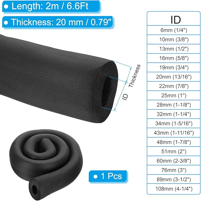 PATIKIL 1"(25mm) ID x 6.6Ft Pipe Insulation Foam Tubes, Pipe Cover Wrap Roll Bar Padding Tubing for Handle Grip HVAC Outdoor Air Conditioner Units, Black