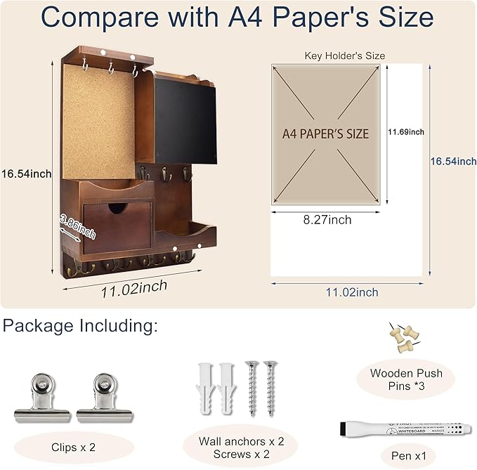 Key Holder Wall Mount， Mail Organizer Key Holder for Wall with Shelf, Drawer, Chalkboard, Corkboard, Home Decor Wall Mounted for Room Entryway(Vintage Brown)